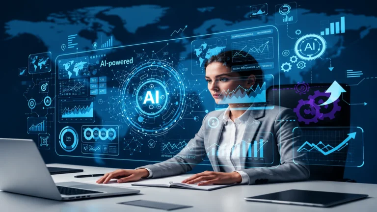Businesswoman using AI SEO tools on a futuristic digital interface with data analytics and growth charts
