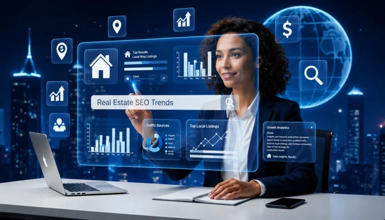 Businesswoman analyzing real estate SEO trends with futuristic digital interface and analytics charts