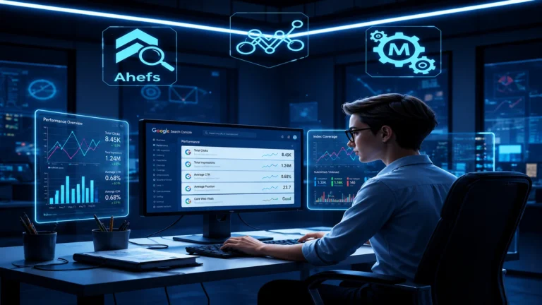 SEO expert analyzing keyword rank checking tools dashboard with analytics and graphs on multiple screens
