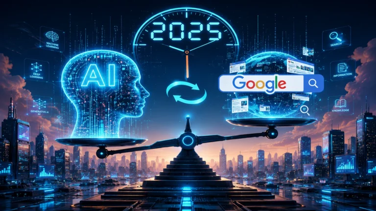 AI chat models balancing with Google search in futuristic 2025 digital cityscape