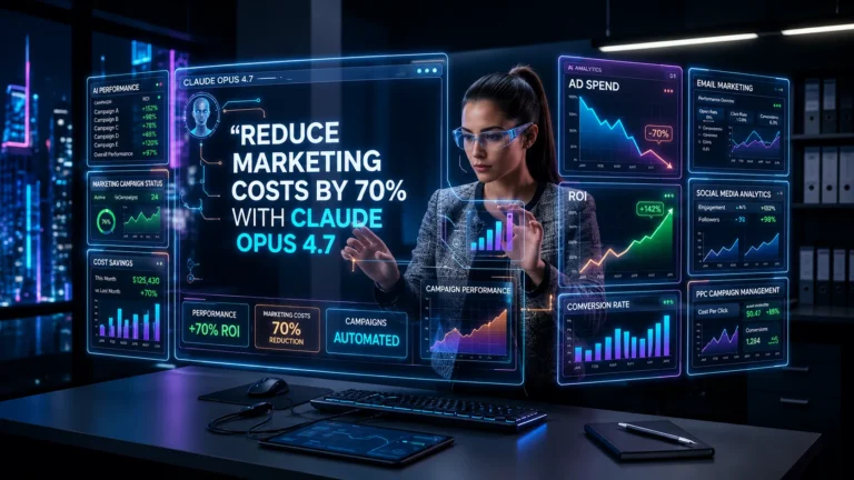 AI-powered marketing dashboard showing Claude Opus 4.7 reducing marketing costs by 70% with analytics, ROI tracking, campaign automation, and digital advertising insights.