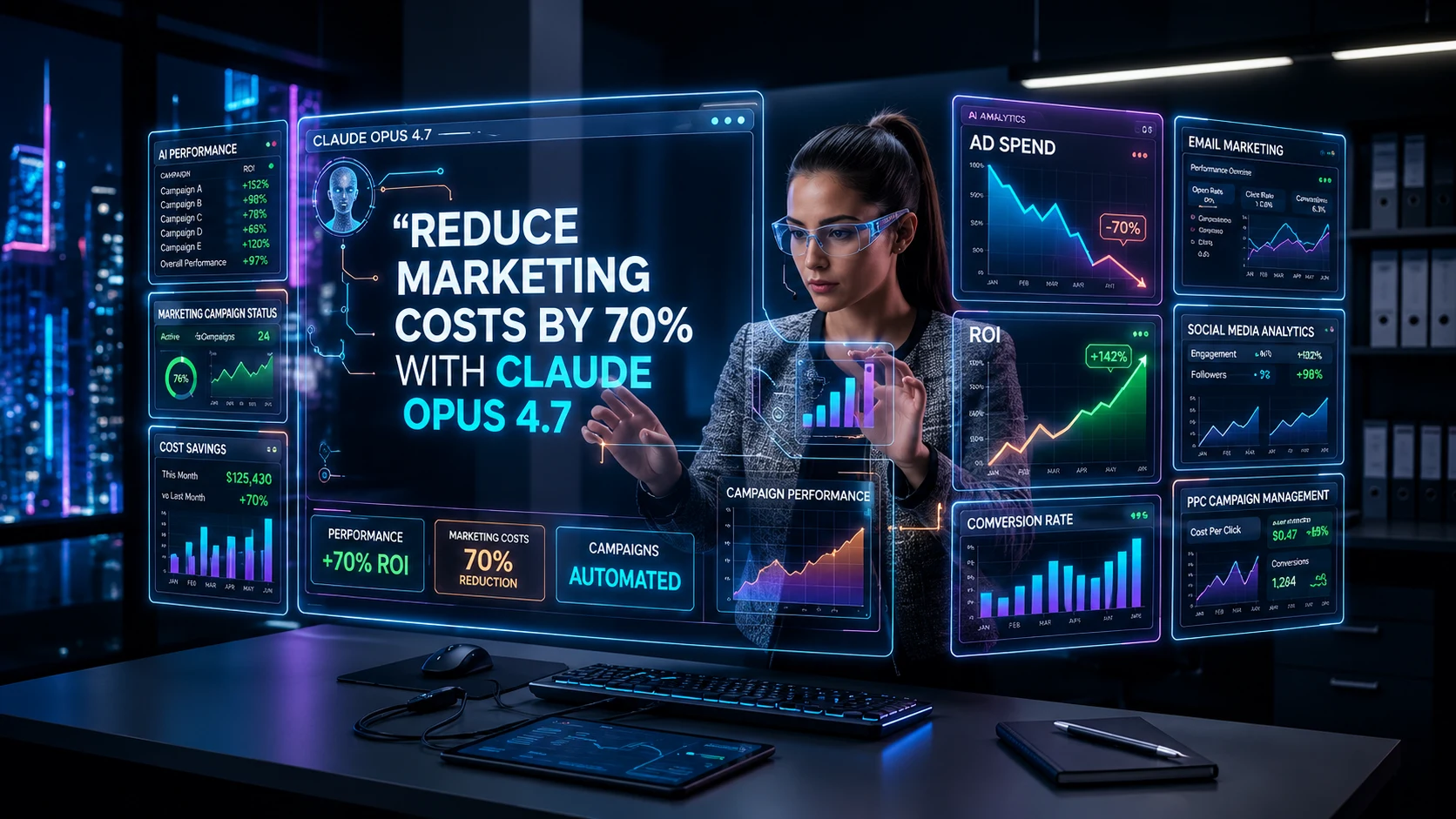 AI-powered marketing dashboard showing Claude Opus 4.7 reducing marketing costs by 70% with analytics, ROI tracking, campaign automation, and digital advertising insights.