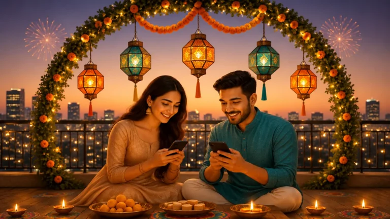Happy couple sharing Diwali moments on smartphones with festive lights and sweets - Diwali Captions for Instagram 2025
