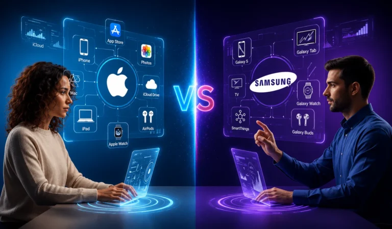 Apple vs Samsung marketing strategy comparison illustration with digital interfaces and tech branding
