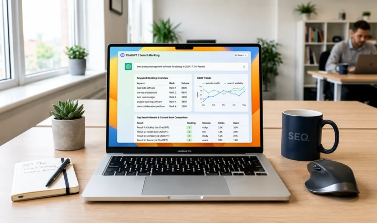 Laptop displaying ChatGPT SEO search ranking dashboard on a modern office desk with analytics charts and AI search optimization data.