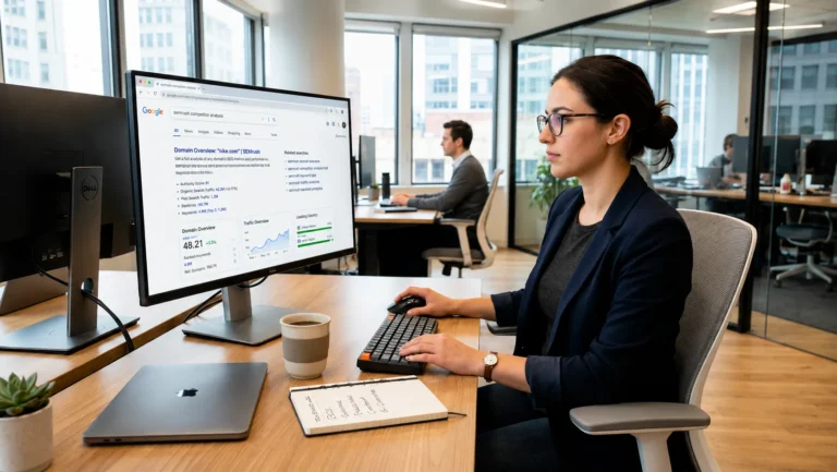 Professional SEO analyst using AI models and search analytics tools to optimize website visibility in a modern office workspace