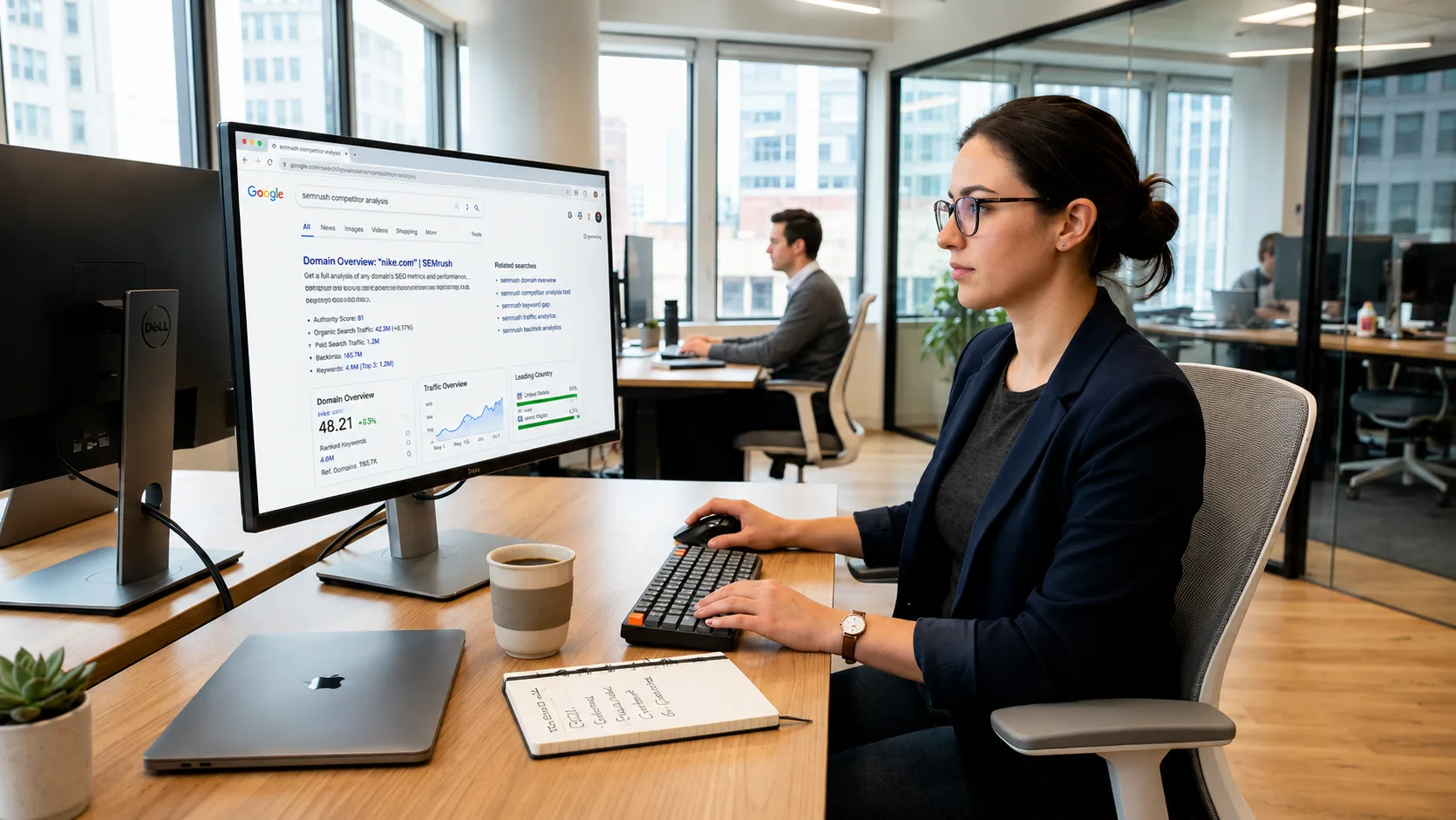 Professional SEO analyst using AI models and search analytics tools to optimize website visibility in a modern office workspace