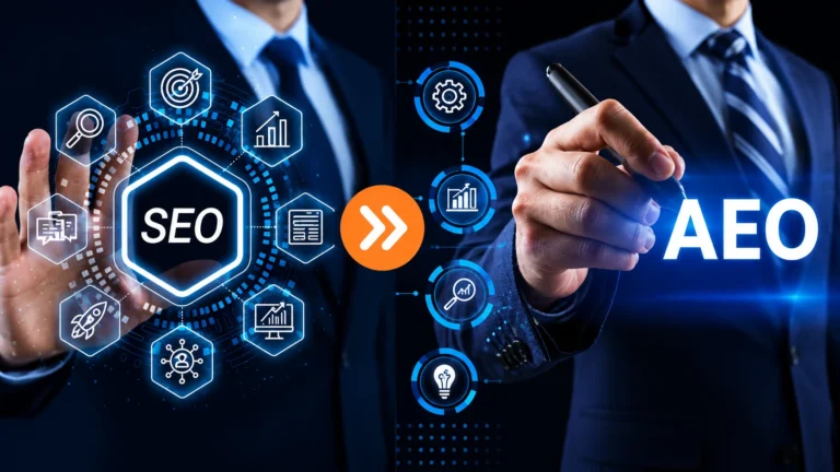 Business professionals showcasing the transition from SEO to AEO with digital marketing icons, analytics, and AI-powered search optimization technology.