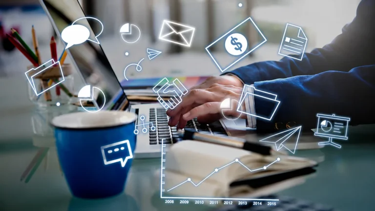Professional working on digital marketing strategy for a digital marketing agency using laptop and analytics tools