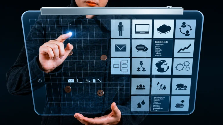 Professional using a futuristic digital interface for modern website design and user experience technology.