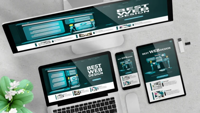 Custom Website design displayed across desktop, laptop, tablet, and mobile devices with responsive web layout.