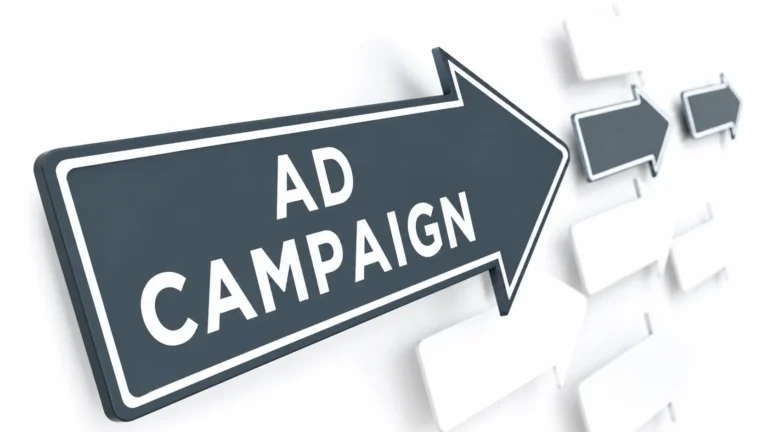 3D illustration of a Google Ads campaign concept featuring a large directional arrow with “Ad Campaign” text and multiple background arrows in a clean modern design.