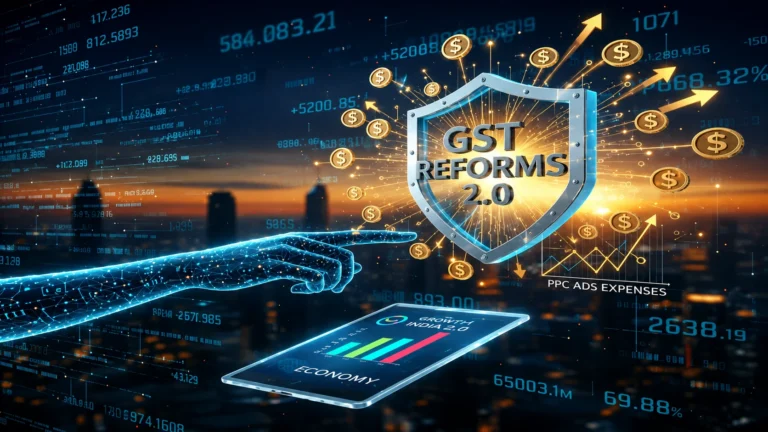 Digital representation of GST Reforms 2.0 with futuristic financial data visualization and cost balance analytics