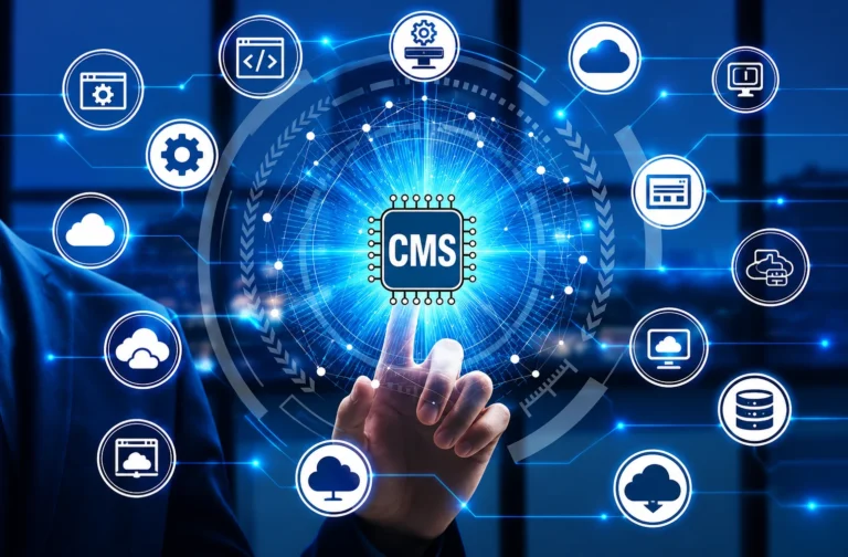 CMS website development illustration with digital icons of cloud, database, and web solutions.