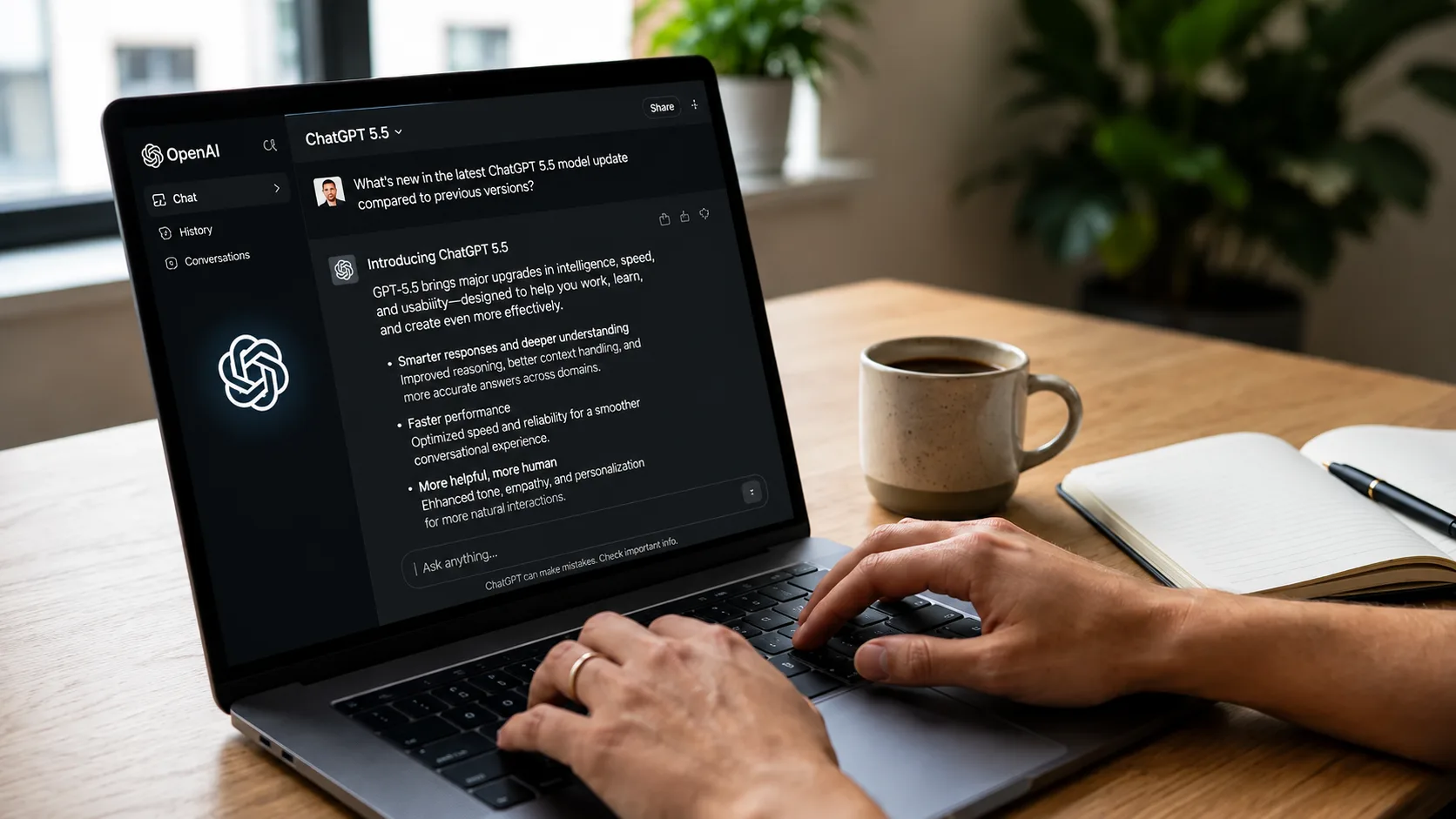 A modern laptop displaying the ChatGPT 5.5 interface on a wooden desk, with hands typing on the keyboard beside a coffee mug and notebook. Large text on the right reads “ChatGPT 5.5: What’s New and Why Everyone Is Talking About It” in a clean, futuristic style.