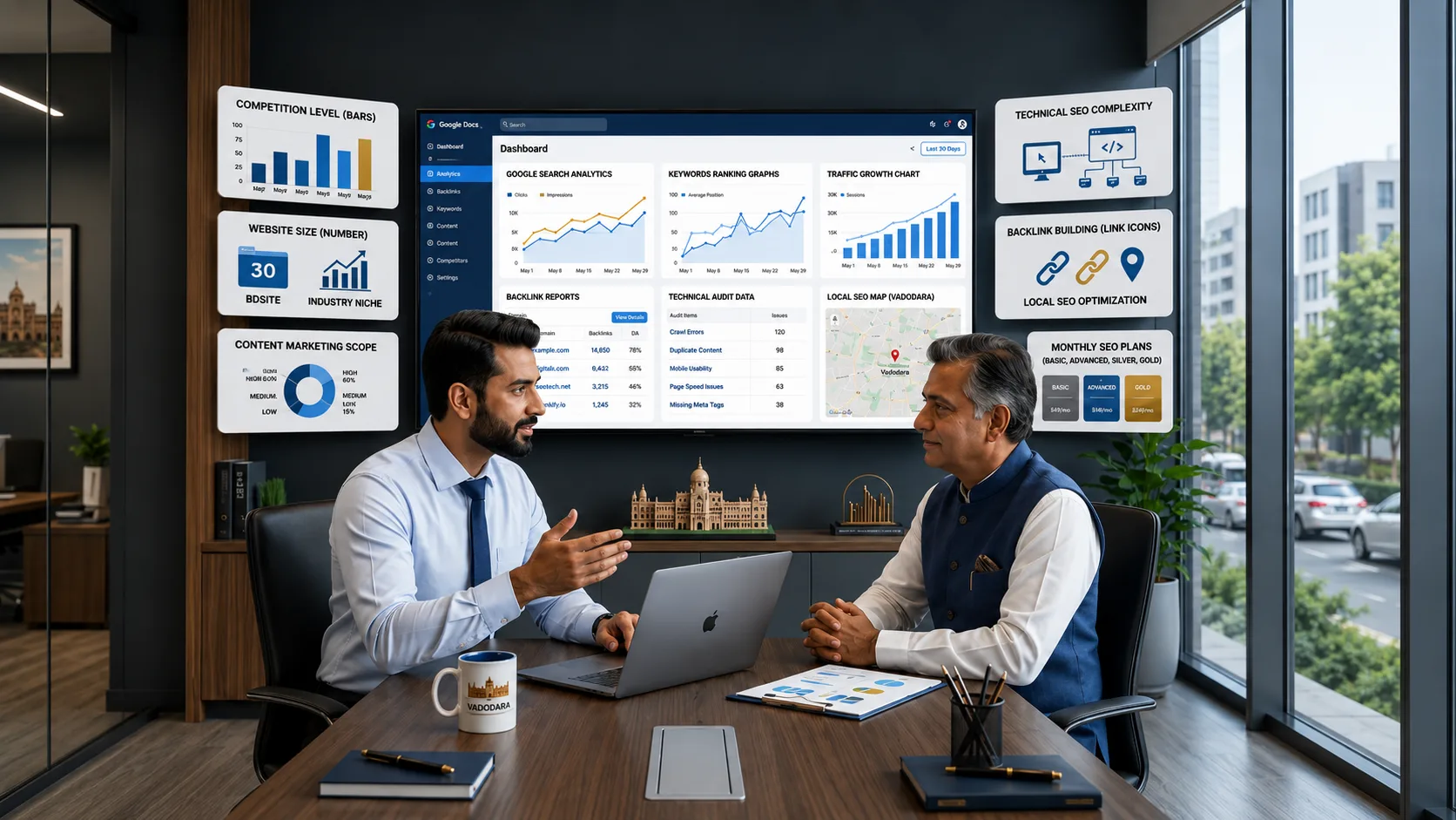 SEO consultant explaining SEO pricing factors in Vadodara with analytics dashboard, technical SEO charts, backlink strategy, and local SEO growth data in a modern office.