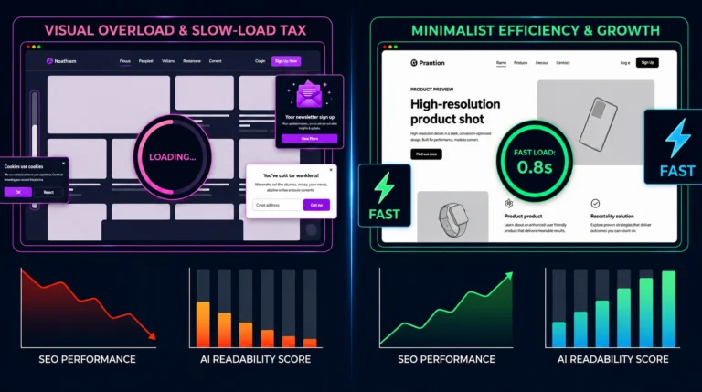 The Cinematic Tax comparison showing heavy web design vs fast minimalist websites with SEO performance and AI readability impact