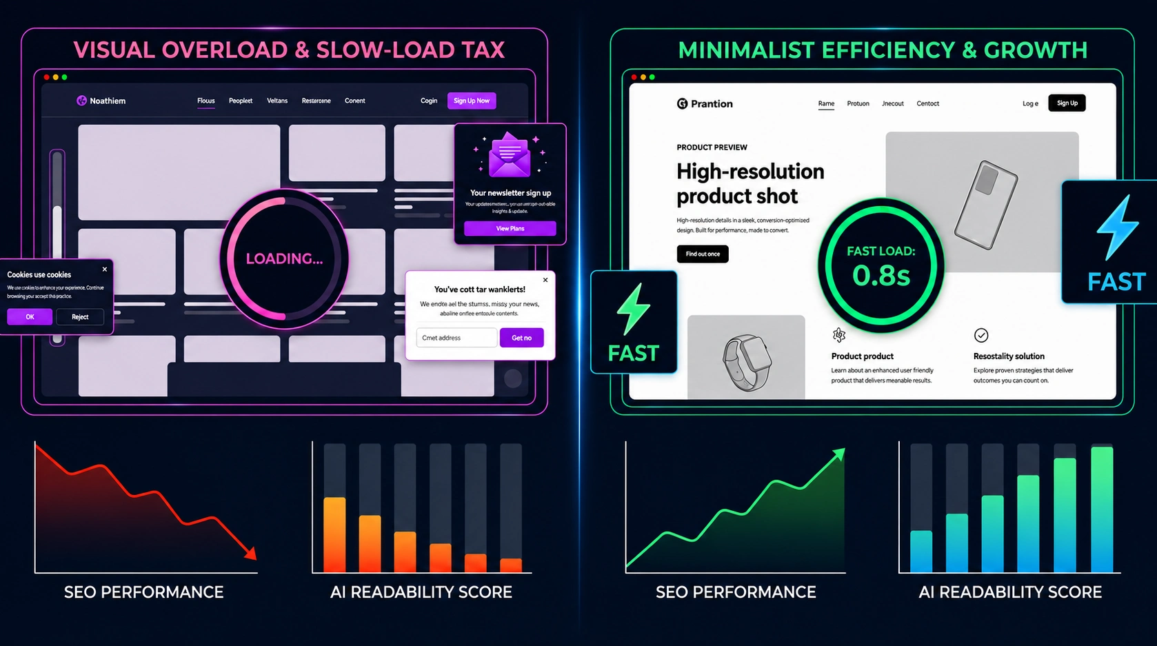 The Cinematic Tax comparison showing heavy web design vs fast minimalist websites with SEO performance and AI readability impact