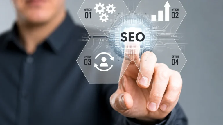 SEO Strategies concept showing a person interacting with a digital SEO interface and analytics dashboard