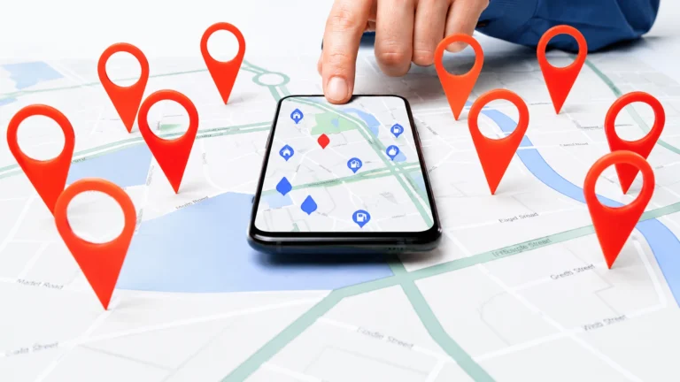 Local SEO concept showing smartphone map navigation with multiple location pins for business visibility