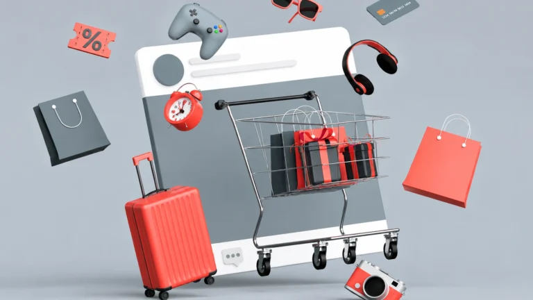 3D social commerce concept featuring online shopping elements, shopping cart, gift boxes, travel bag, and digital accessories floating around a web interface.