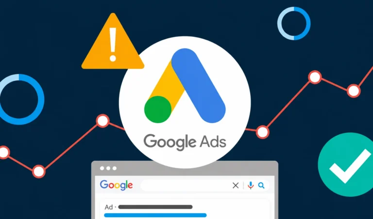 Google Search Ads illustration showing Google Ads logo, search ad interface, warning icon, and performance graph on a dark background.