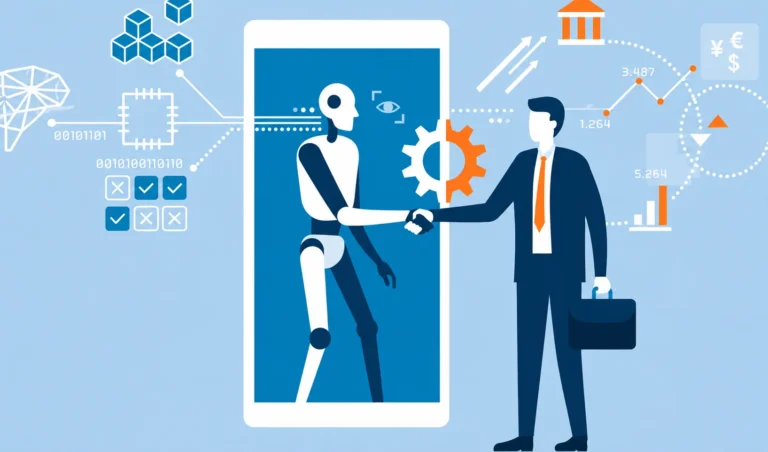 AI technology illustration showing a robot and businessman shaking hands through a digital screen with data analytics and automation icons.