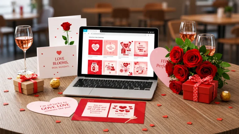 Valentine’s Day templates displayed on laptop with roses, gift box, greeting cards and wine glasses on table