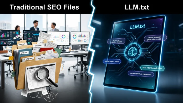 SEO vs LLM comparison showing traditional SEO files versus LLM.txt AI-driven search optimization