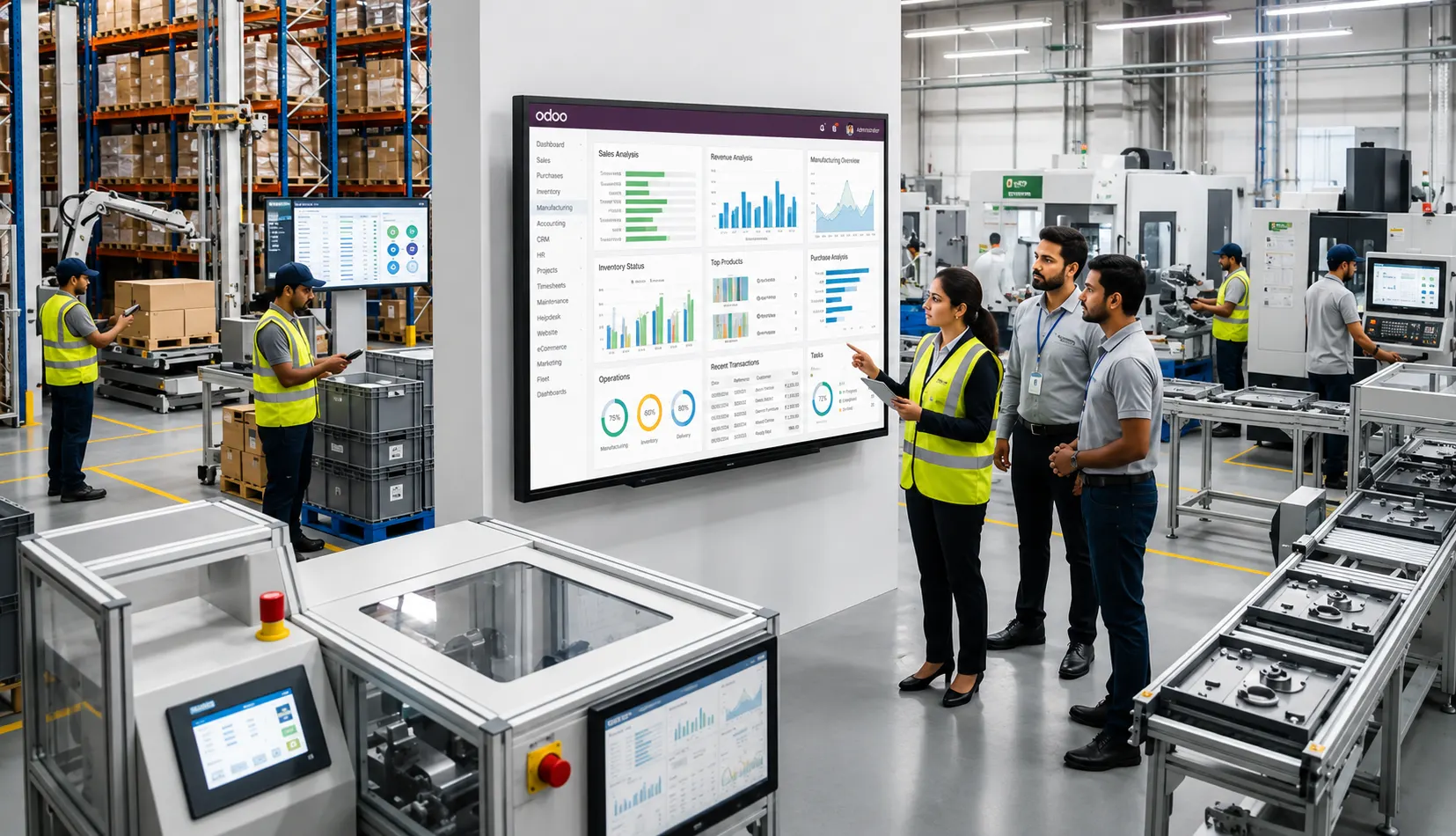 Odoo ERP dashboard used in a modern manufacturing warehouse for inventory management, production tracking, and business automation.