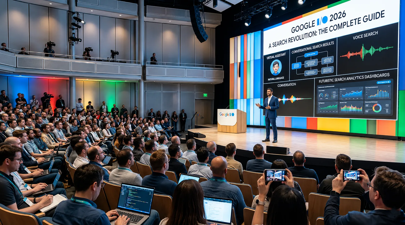 Google I/O 2026 AI conference seminar showcasing Google’s AI Search Revolution with keynote presentation, conversational AI search, Gemini AI, voice search, and futuristic search analytics dashboard.