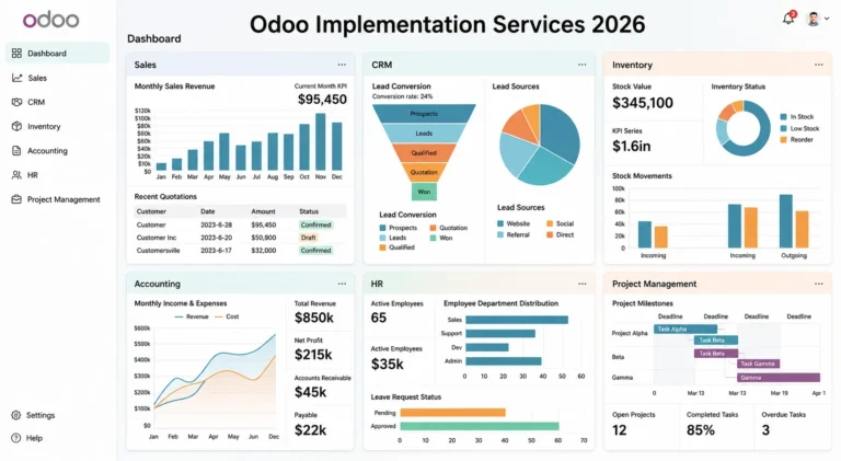 Professional using Odoo Implementation Services dashboard to manage business operations, analytics, and workflow automation in a modern office