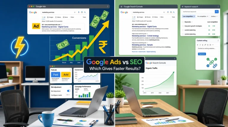 Google Ads vs SEO comparison showing marketing team analyzing traffic and lead performance dashboards