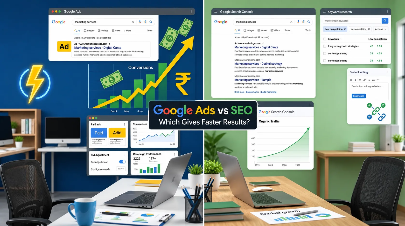 Google Ads vs SEO comparison showing marketing team analyzing traffic and lead performance dashboards