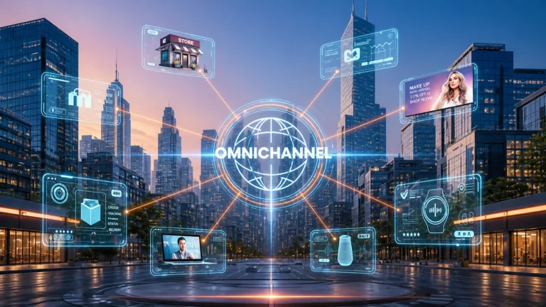 Omnichannel marketing concept showing digital customer touchpoints connected across city skyline