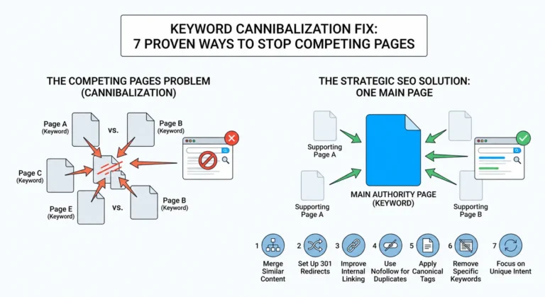 Keyword cannibalization fix analysis on dual screens showing SEO data and competing pages in a modern office