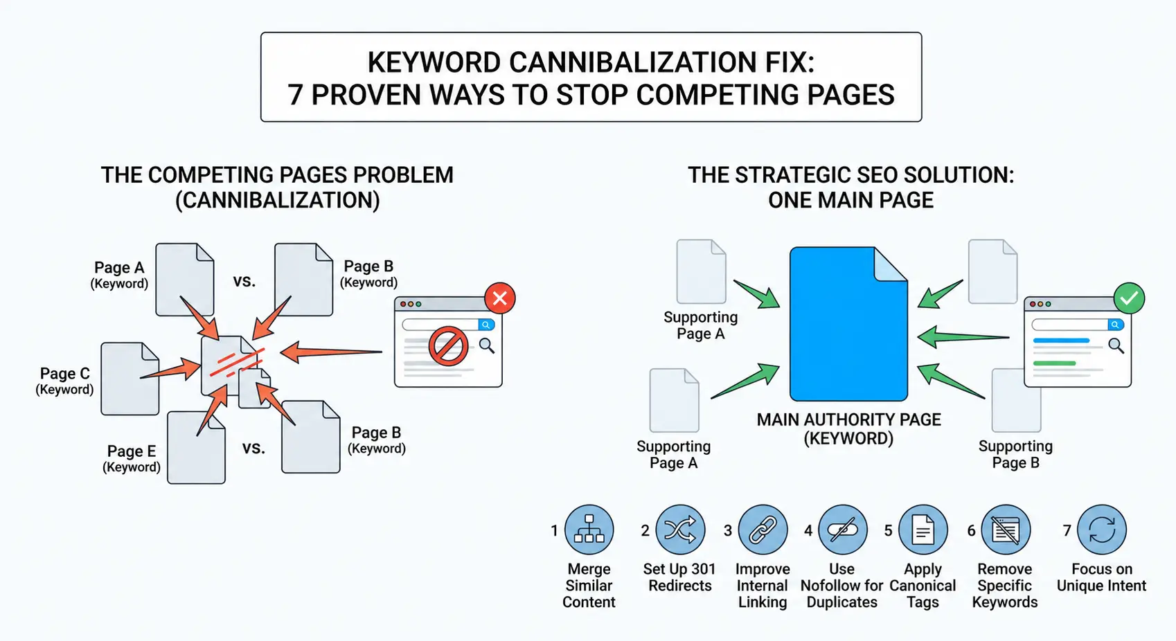 Keyword cannibalization fix analysis on dual screens showing SEO data and competing pages in a modern office