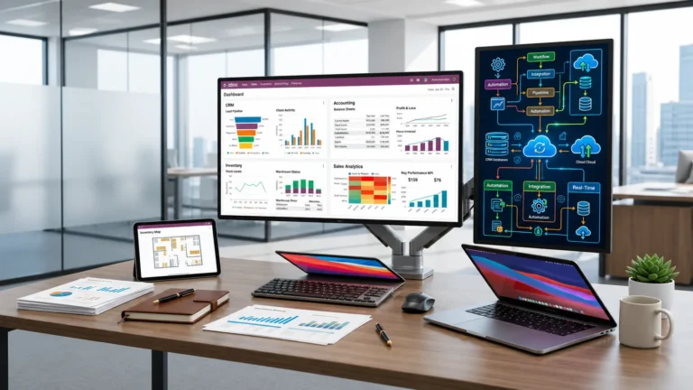 Odoo implementation partner dashboard setup with CRM, inventory, accounting analytics and workflow automation on multiple screens