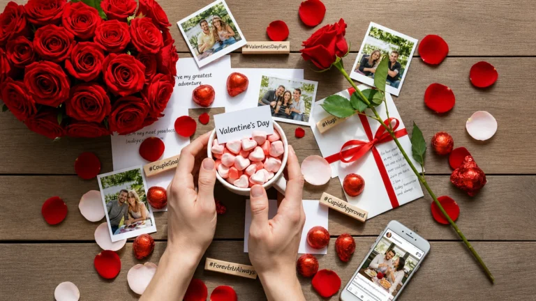 Valentine’s Day captions with romantic flat lay of red roses, couple photos, heart chocolates, love notes