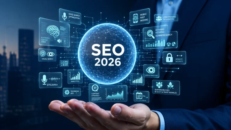 Future of SEO concept showing digital data, AI analytics, and search technology trends for 2026