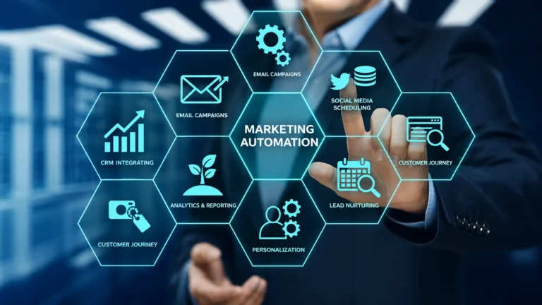 Marketing automation tools interface showing email campaigns, CRM integration, analytics, and lead nurturing