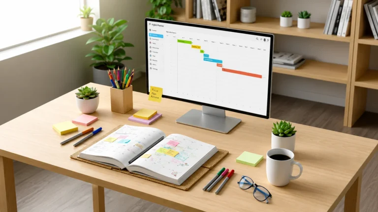 Content calendar displayed on a modern workspace desk with digital planning schedule on computer screen