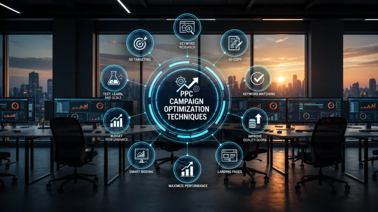 PPC Campaign optimization dashboard showing performance analytics, keyword tracking, and digital marketing metrics in a modern office