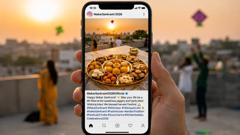 Makar Sankranti hashtags for Instagram with kites, sweets, and sunset celebration in India