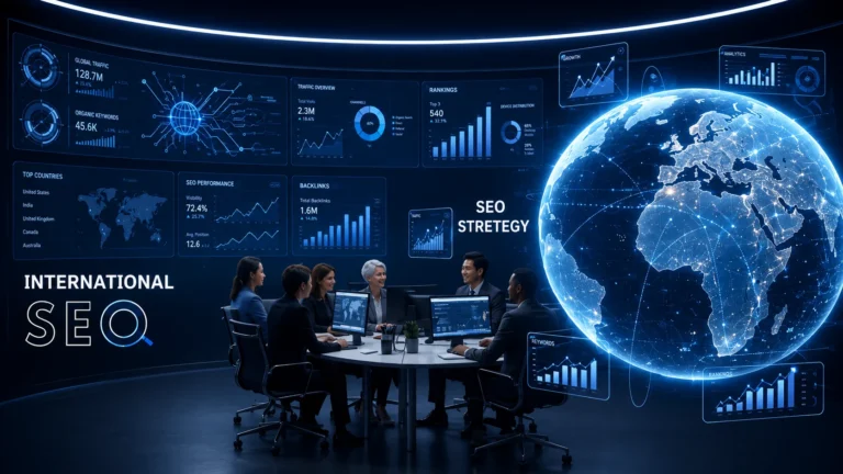 International SEO strategy visualization showing a global digital marketing team analyzing worldwide search performance data