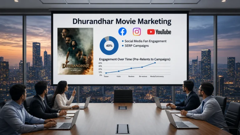 Movie marketing strategy presentation showing Dhurandhar film promotion with social media, SERP campaigns, and engagement analytics