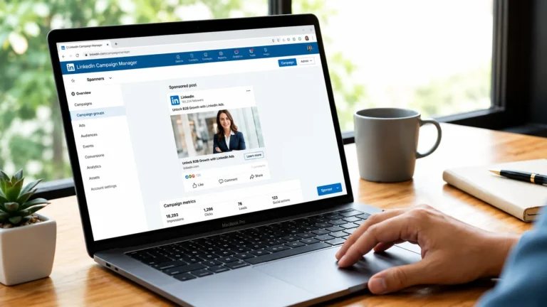 LinkedIn ads for B2B marketing dashboard on a laptop for lead generation