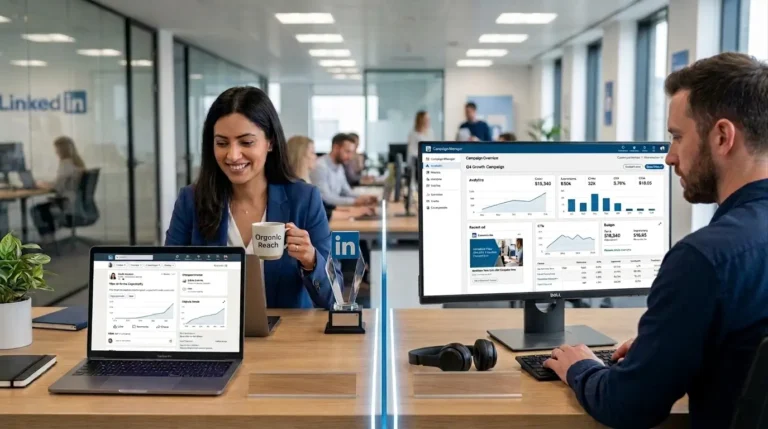 A man and a woman working in a modern office using LinkedIn Campaign Manager on a computer and laptop.