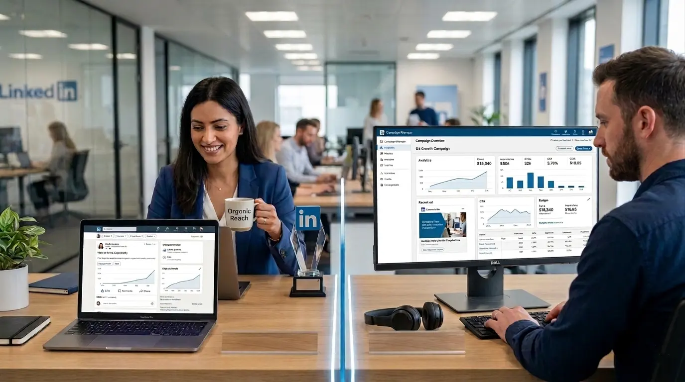 A man and a woman working in a modern office using LinkedIn Campaign Manager on a computer and laptop.