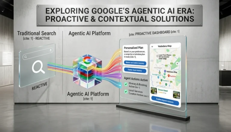 Agentic AI platform showcasing Google’s evolution from traditional reactive search to proactive and contextual AI-powered solutions with personalized recommendations and automated agent actions.